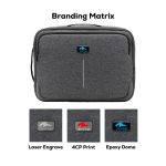 A grey laptop bag featuring a branding logo area, with options for laser engraving and print designs.