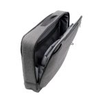 A grey laptop bag with multiple compartments, featuring a sleek design and a logo.