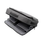 A grey hybrid computer bag with a zippered opening and padded compartments for laptops and accessories.
