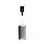 A sleek black and silver wireless speaker, with a hanging strap for easy attachment. It features a logo.