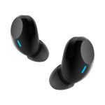 A pair of black TWS earbuds with a sleek design and illuminated indicators.