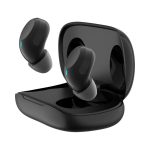 Black Aria Pro ENC TWS earbuds placed partially out of their charging case, featuring a sleek design and blue indicator light.