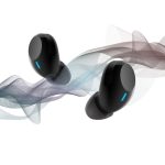 Black wireless earbuds with a sleek design and a subtle logo, surrounded by flowing wave graphics.