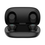 A pair of black wireless earbuds placed inside a charging case, featuring a sleek design and glowing indicators.