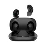 Black Aria Pro ENC TWS earbuds partially out of a charging case, showcasing a sleek design.