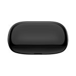 A sleek black charging case for earbuds, with a smooth surface and rounded edges. It features a logo on the front.