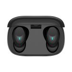 A pair of black Aria Pro ENC TWS earbuds inside a charging case, featuring a logo and indicator lights.