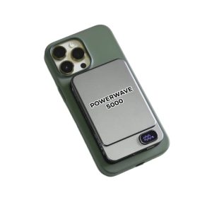 A green and silver magnetic wireless power bank with a digital display and branding.