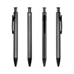 A set of four grey metal pens featuring a clip and a logo on one side.