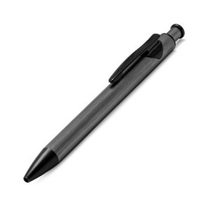 A metal pen with a sleek grey finish and a black clip, featuring a logo.