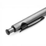 A silver metal pen with a black clip and a round top, featuring a sleek, brushed finish.