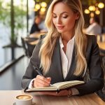 A woman in a suit writes in a notebook with an Insignia Eco Pen, accompanied by a cup of coffee on a table.