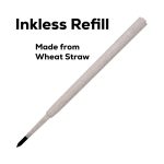 An inkless refill made from wheat straw, featuring a black writing tip and a textured white body.