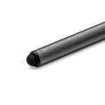 A sleek, silver stylus pen with a black tip and a subtle textured finish, featuring a logo.