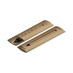 A black stylus pen displayed in eco-friendly packaging, featuring a logo and instructions on the back.