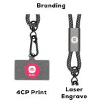A black lanyard with a carabiner clip and a tag, featuring a branding logo and decorative print.
