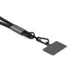 A black eco-friendly phone strap with a clip and textured tag, designed for charging and data connectivity.