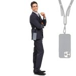 A grey eco phone strap with a charging and data cable hangs from a man in a suit. The strap features a sleek design.
