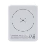 A white magnetic wireless power bank, 5000 mAh capacity, with a logo and a sleek, minimalist design.