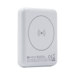 A white magnetic wireless power bank with a circular charging symbol on the surface and a branding logo.