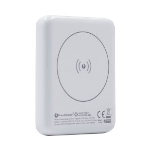 A white magnetic wireless power bank with a circular charging symbol on the surface and a branding logo.