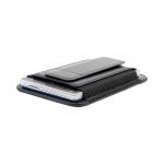 A card holder in black with an elastic band for secure storage of cards and a sleek design.