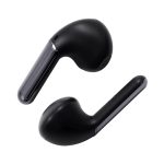 Black true wireless earbuds with a sleek design and a shiny finish, featuring a logo on the side.
