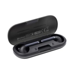A pair of black Aria true wireless earbuds resting in a black charging case with a logo and branding.