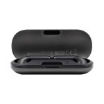 A black charging case with true wireless earbuds inside, featuring a sleek design and a logo on the front.
