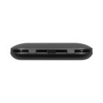 A black charging case for true wireless earbuds featuring a USB-C port. The case has a smooth, rounded design and a branding logo.