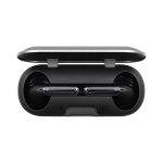 A pair of black true wireless earbuds stored in a black charging case with a silver hinge.
