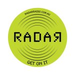 Bright green PVC coaster with a circular design featuring a logo and sound wave pattern.