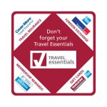 A red and white coaster featuring a central logo for "Travel Essentials" and icons for travel insurance, foreign exchange, membership rewards, and gift cards.