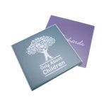 A teal and purple welded coaster featuring a tree graphic and a logo. The coaster is square-shaped.