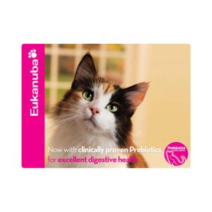 A promotional mat featuring a calico cat with prominent green eyes, displaying colourful branding and health claims.