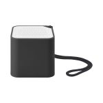 A compact black speaker with a white top featuring a textured design and a carrying strap attached.