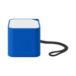 A blue square speaker with a textured white top and a black carrying strap attached. It features a branding logo.