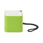 A green square speaker with a textured top and a black strap attached. It has a logo on one side.
