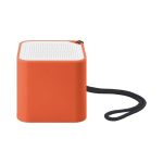 An orange square speaker with a white top and a black strap. It features a logo on one side.