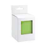 A green speaker in a white box with a transparent front panel, featuring a hanging tab at the top.