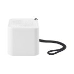 A square, white portable speaker with a textured top and a black strap. It features a simple design and has branding.