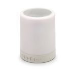 A white touch lamp speaker with a silver mesh top and control buttons at the base, featuring a simple and sleek design.