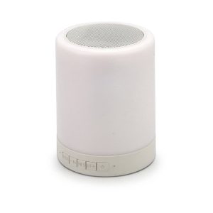 A white touch lamp speaker with a silver mesh top and control buttons at the base, featuring a simple and sleek design.