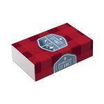 A red and white checkered box featuring a logo, designed for packaging.