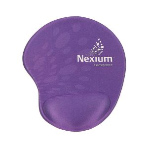 A purple gel mouse pad featuring a wrist support and a logo.