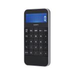 A black and silver calculator with a blue digital display, featuring 10 digits and various function buttons.