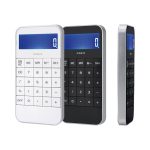 A set of two calculators, one white and one black, with a digital display and metallic sides, featuring a logo.