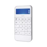 A white calculator with a blue display and numerous buttons, featuring a logo on its surface.