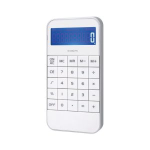 A white calculator with a blue display and numerous buttons, featuring a logo on its surface.