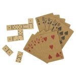 A set of playing cards and dominoes in brown, featuring spade and heart designs. The dominoes are also wooden.